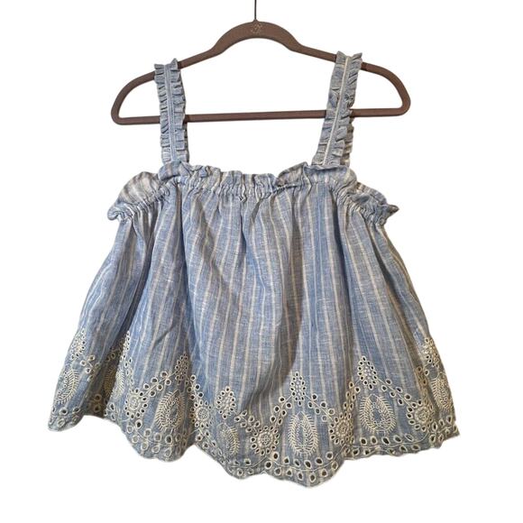 Zara Striped Baby Doll Top Ruffled Embroidered Cami Light Blue White Size Medium - Picture 2 of 11